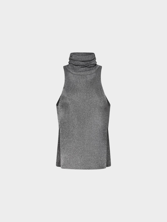 Thierry Mugler FW 2020 Metallic Grey Lurex Turtleneck Top