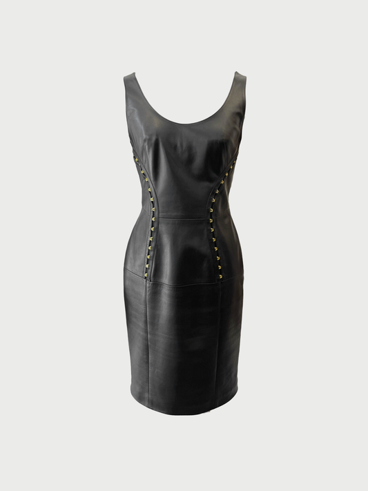 Versace 2010s Black Lambskin Leather Corset Hook Dress