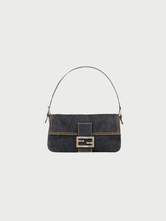 Fendi 2000s Navy Denim Baguette Shoulder Bag