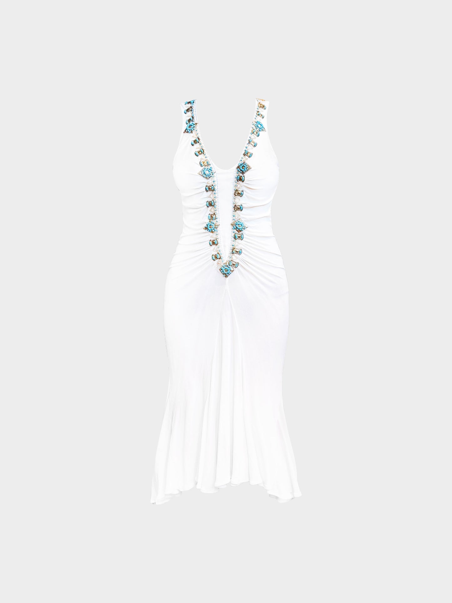 Roberto Cavalli 2000s White and Blue Beaded Embellished Long Dress