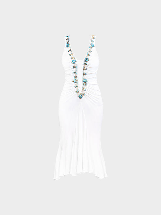 Roberto Cavalli 2000s White and Blue Beaded Embellished Long Dress