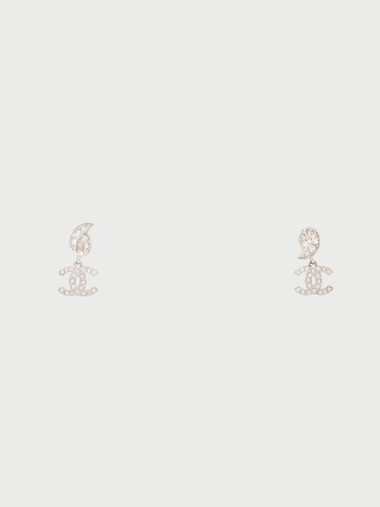 Chanel 2025 Silver Plated Metal COCO Rhinestone Swing Earrings