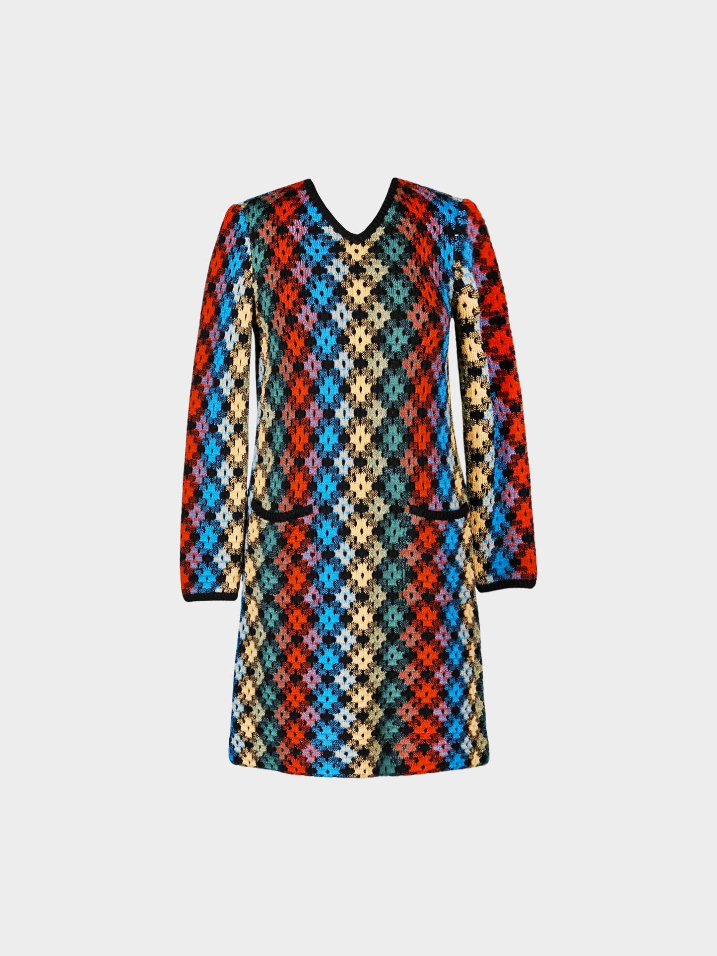 Missoni 1990s Multicolor Diamond Virgin Wool Knit Openwork Dress