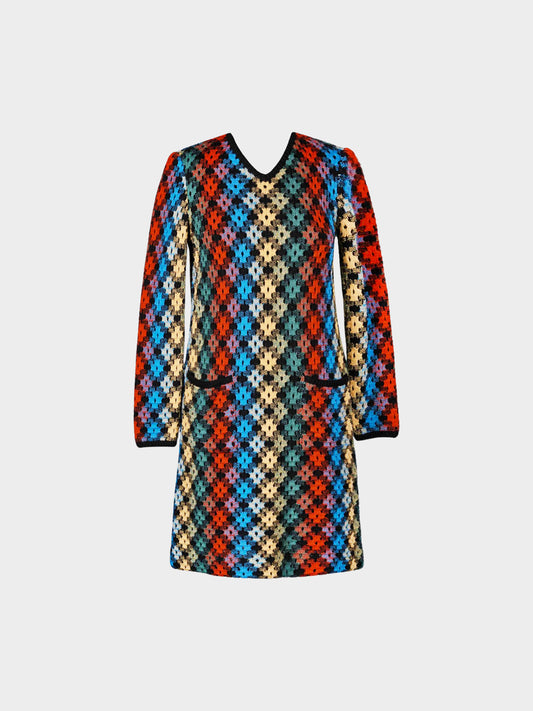 Missoni 1990s Multicolor Diamond Virgin Wool Knit Openwork Dress