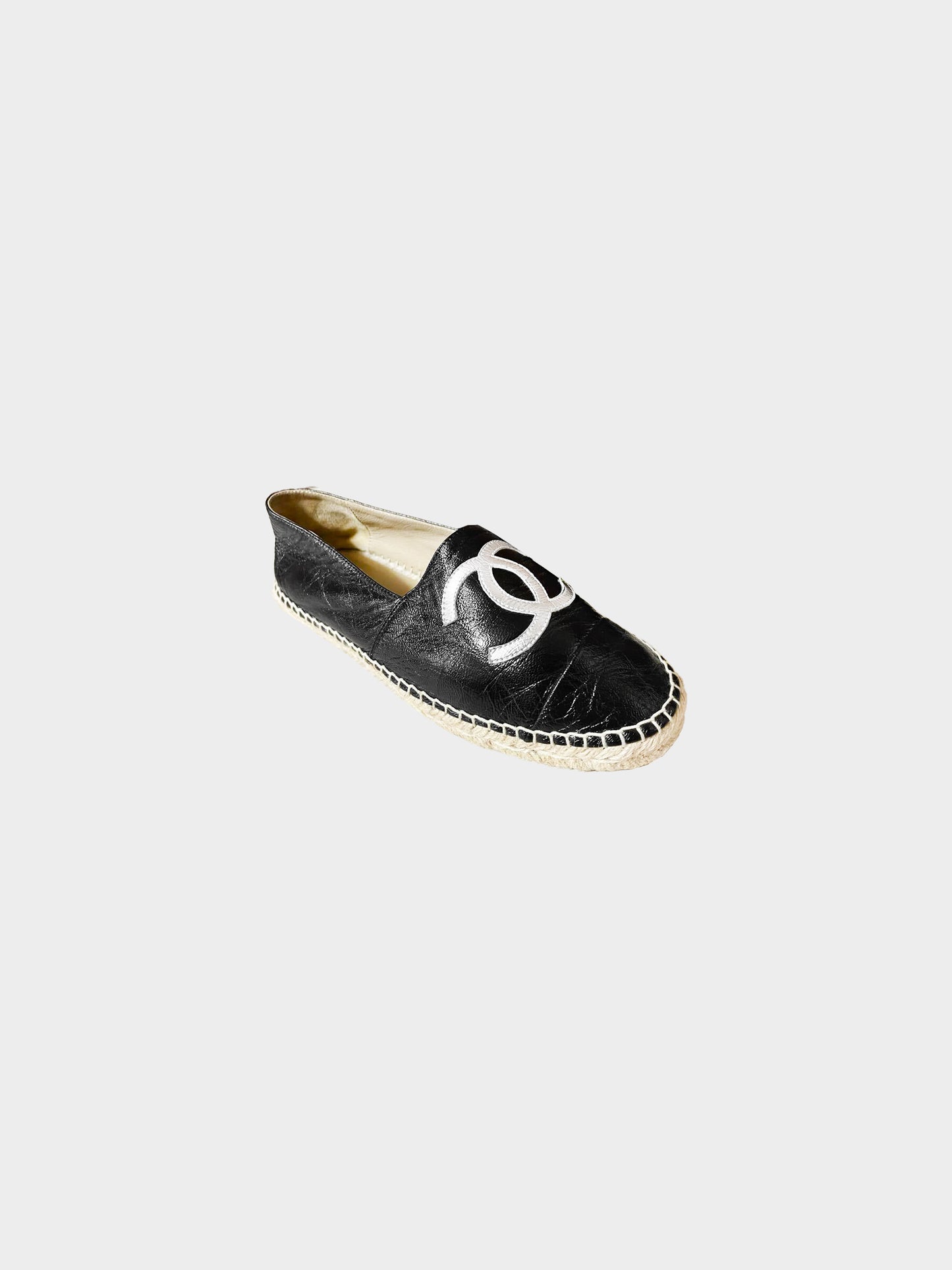 Chanel 2010s Black Leather and Raffia Espadrilles