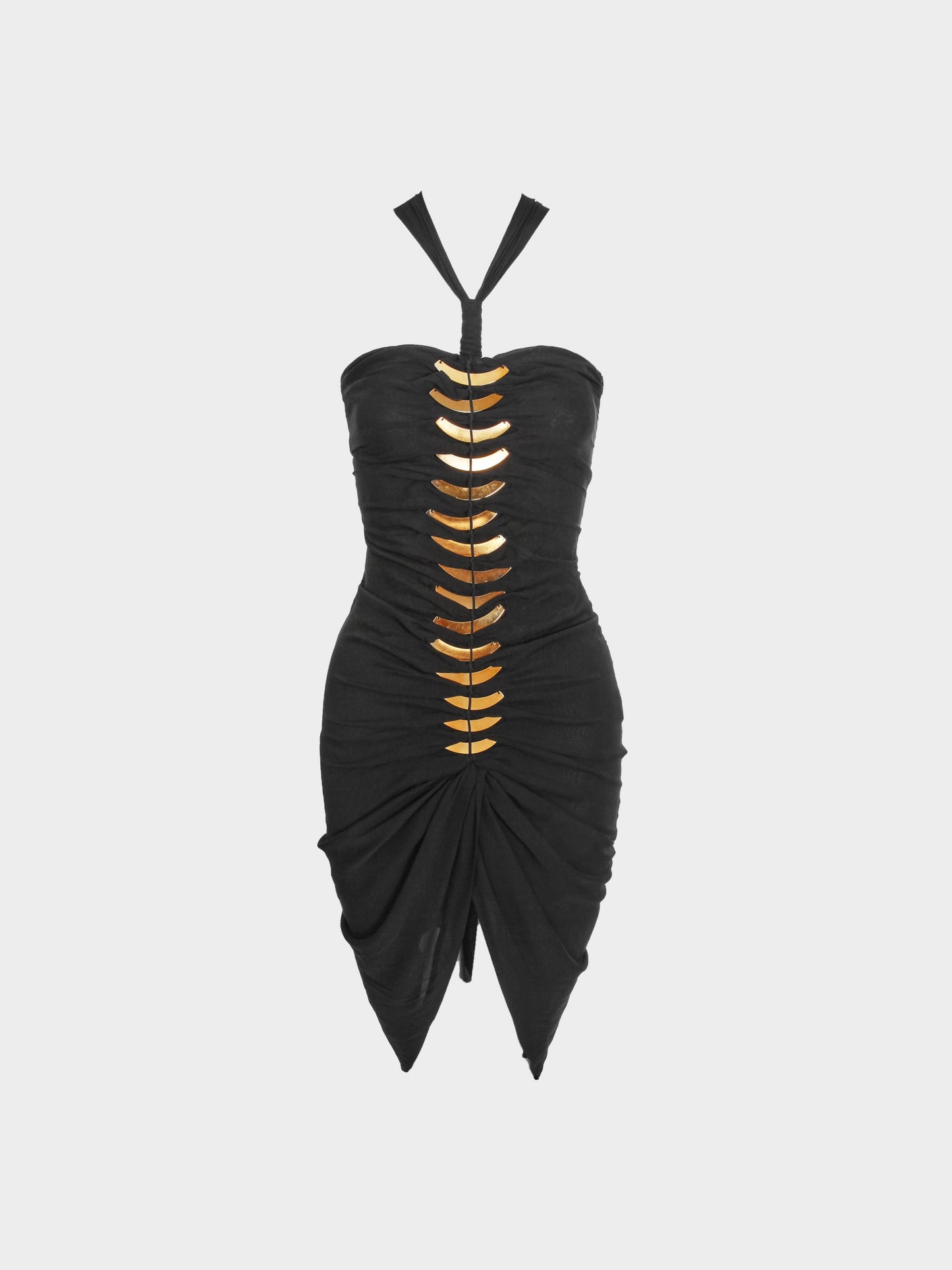 Gucci by Tom Ford SS 2005 Black Halter Dress with Gold Metal Embellishments