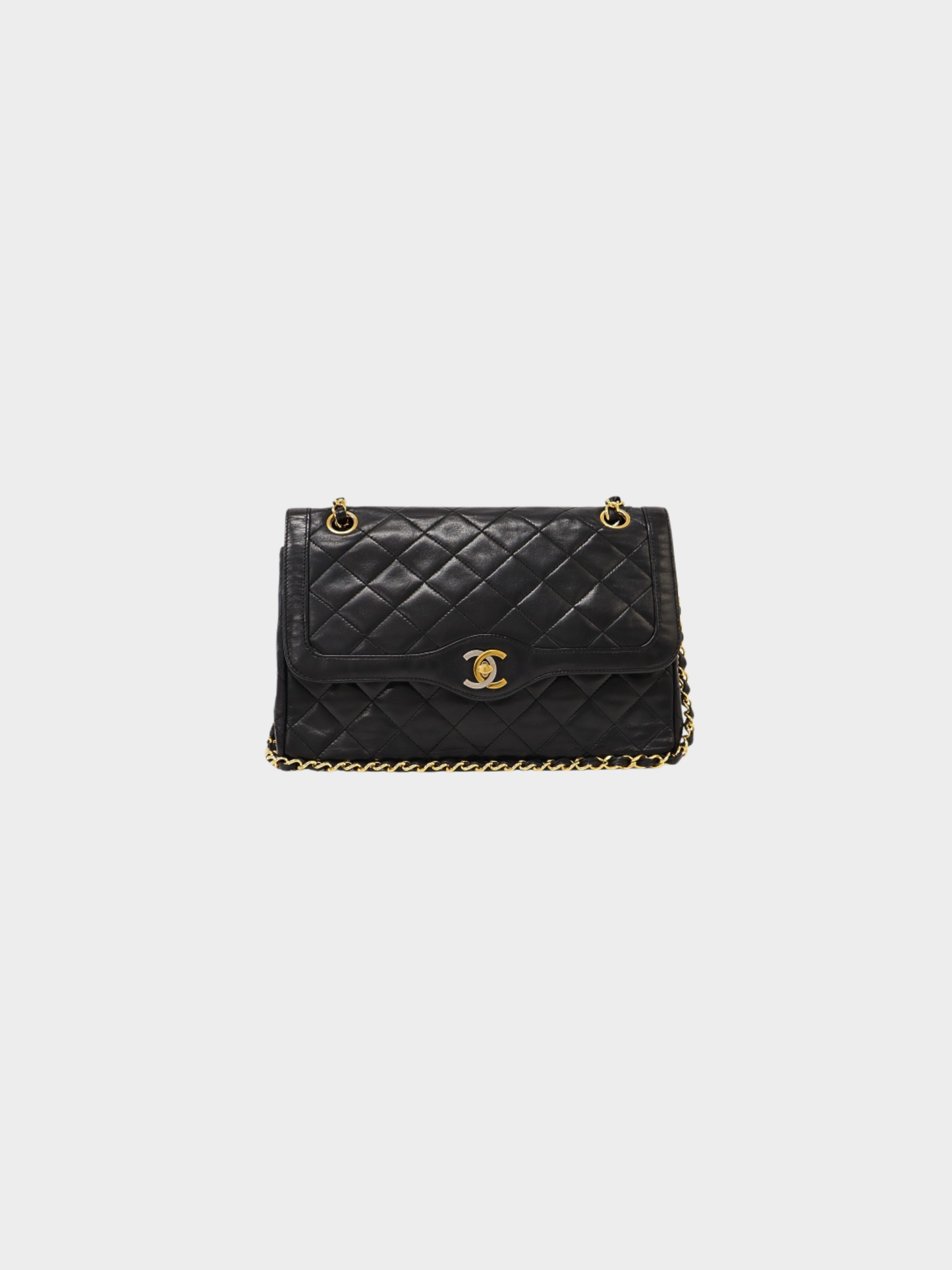 Chanel 1980s Black Lambskin Paris Matelassé W Flap Chain Shoulder Bag