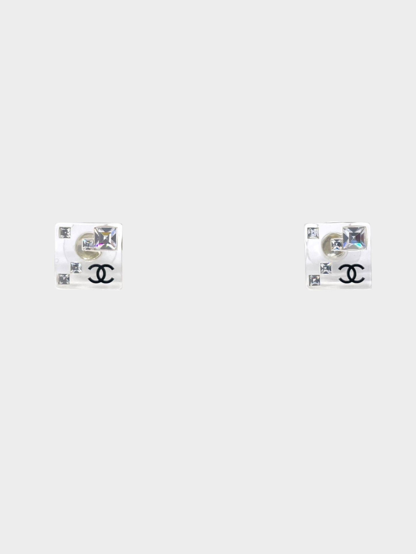 Chanel 2005 Clear Acrylic Rhinestone CC Square Stud Earrings