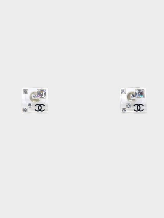 Chanel 2005 Clear Acrylic Rhinestone CC Square Stud Earrings