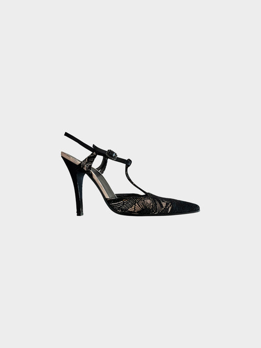Chanel 2000s Black Lace Slingback Heels