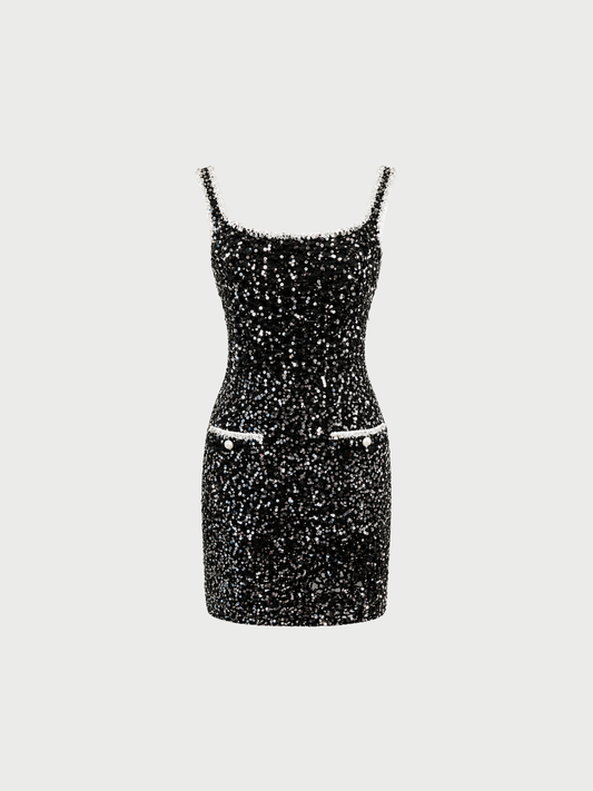 Chanel 2023 Black Cream Cotton Knit Sequined Mini Dress