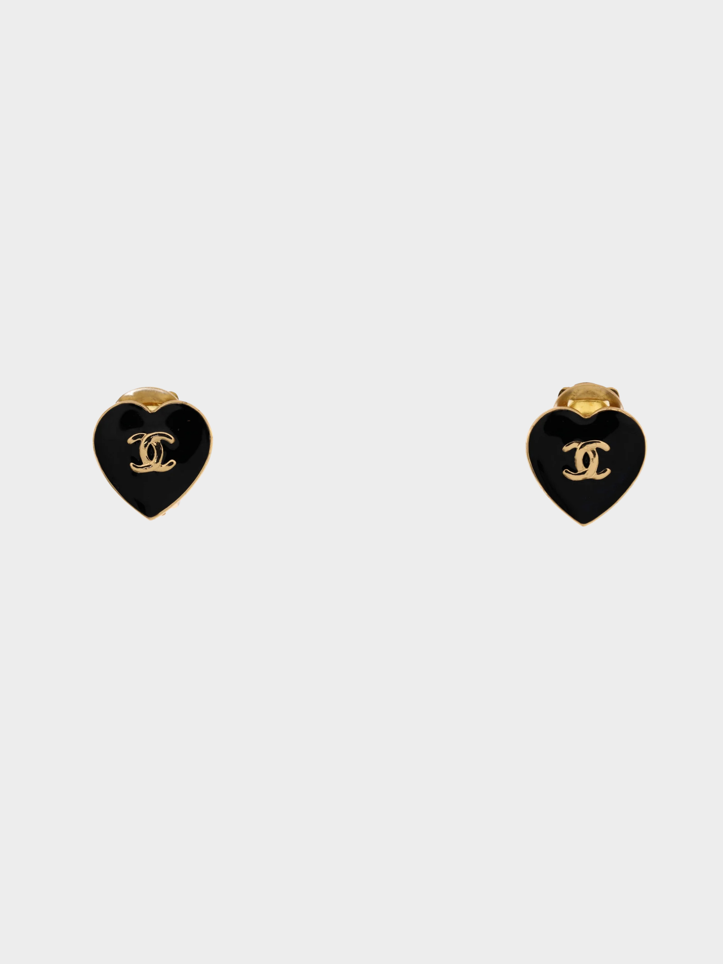 Chanel 1990s Black Enamel Gold YES NO Heart CC Clip-On Earrings