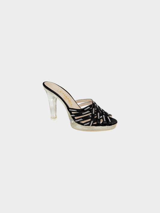 Chanel SS 1997 Black Ribbon Logo PVC Heeled Mules