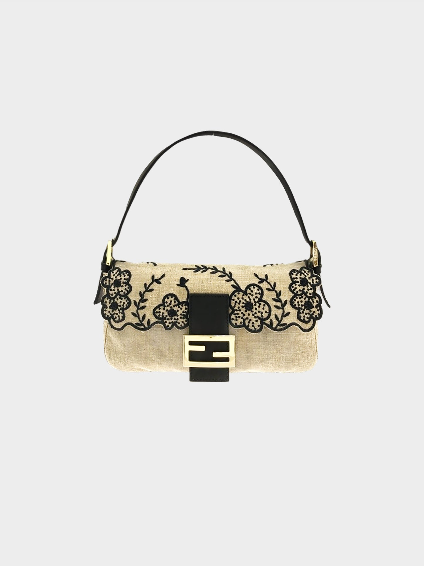 Fendi 2000s Beige Floral Embroidered Linen Baguette