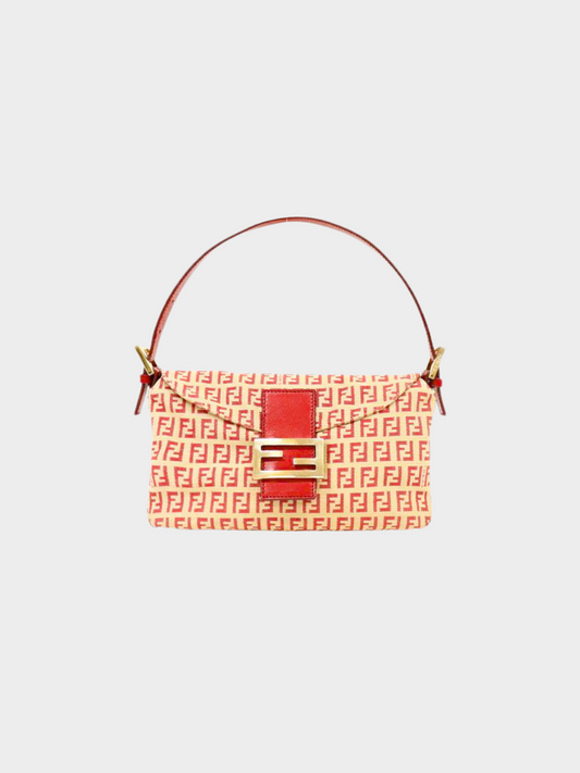 Fendi 2000s Beige and Red Zucchino Baguette Bag