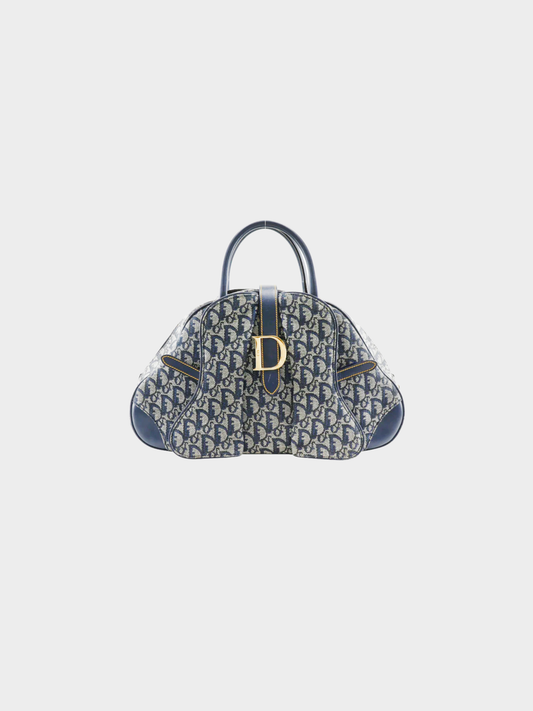 Christian Dior 2000s Navy Trotter Canvas Double Saddle Handbag