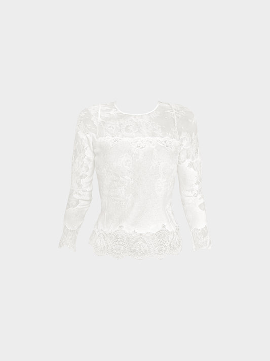 Ermanno Scervino 2000s White Sheer Floral Lace Long-sleeved Top