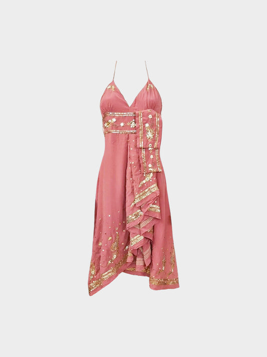 Roberto Cavalli 2000s Pink Silk Crepe Sequins-embellished Dress