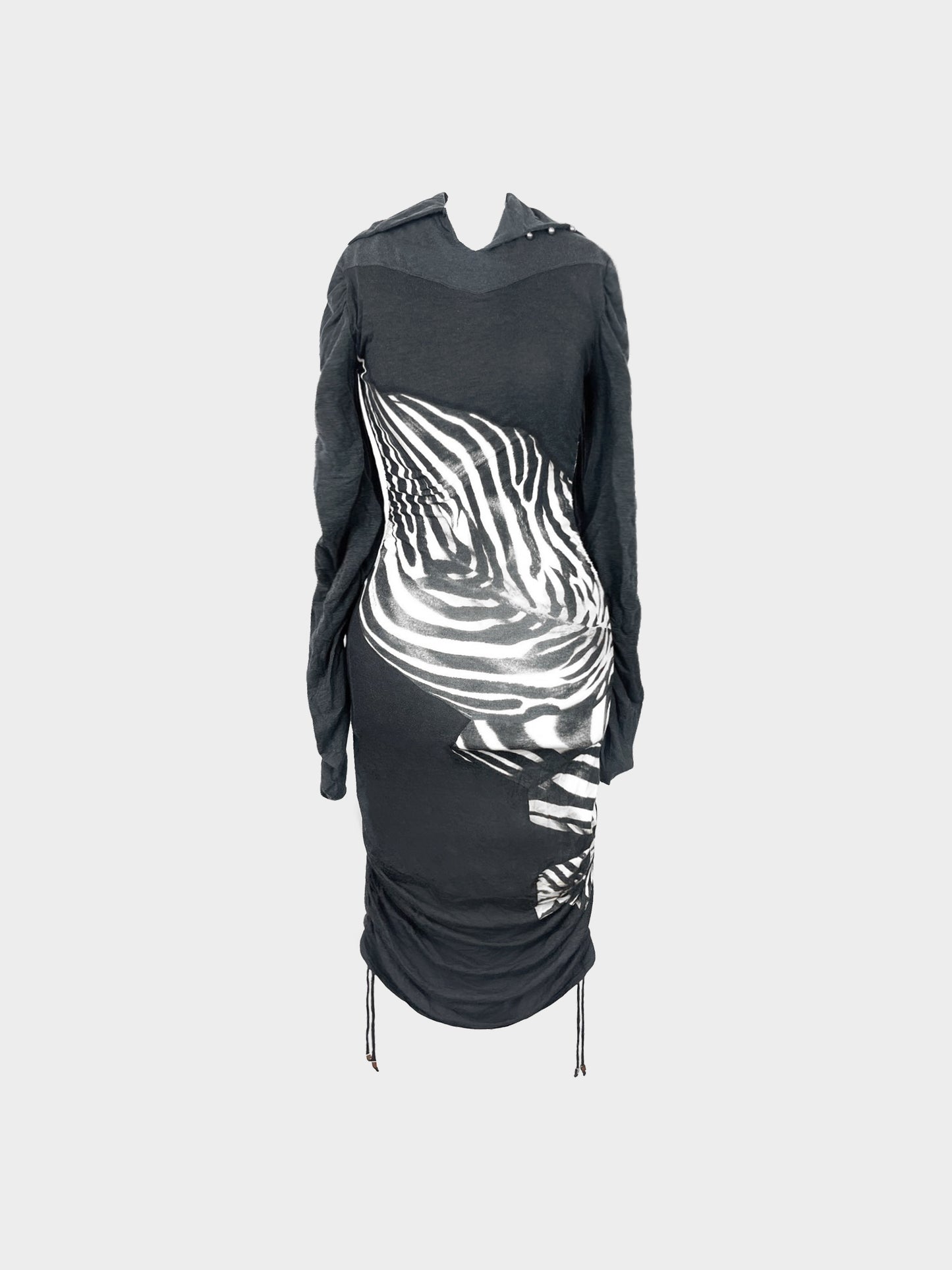 Roberto Cavalli 2010s Charcoal Grey and Zebra Print Drawstring Dress