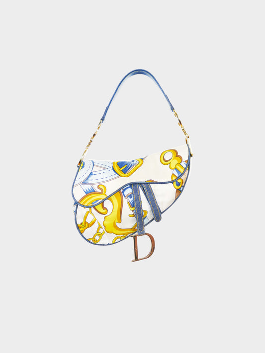 Christian Dior by John Galliano SS 2000 Blue Chain Print Silk and Denim Saddle Bag