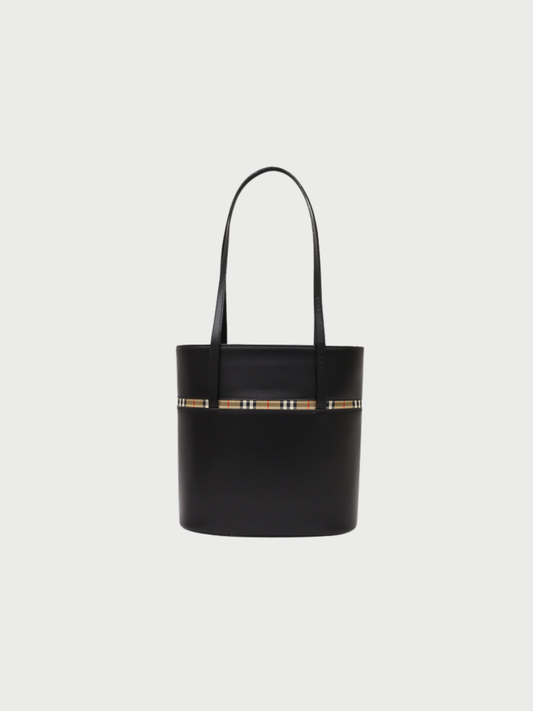 Burberry 2000s Black Leather Logo Check Tote Bag