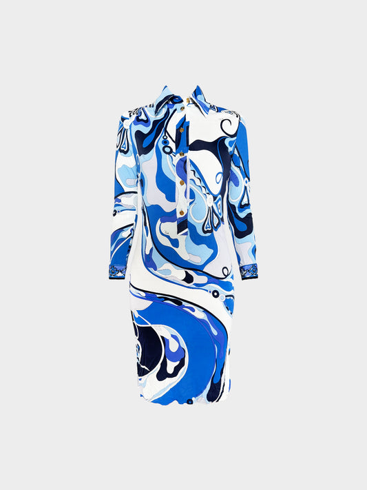 Emilio Pucci 2010s Blue and White Abstract Swirl Print Long-sleeved Dress