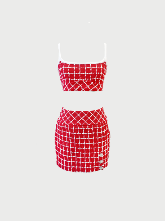 Chanel 2023 Red White Tweed Bralette Skirt Set