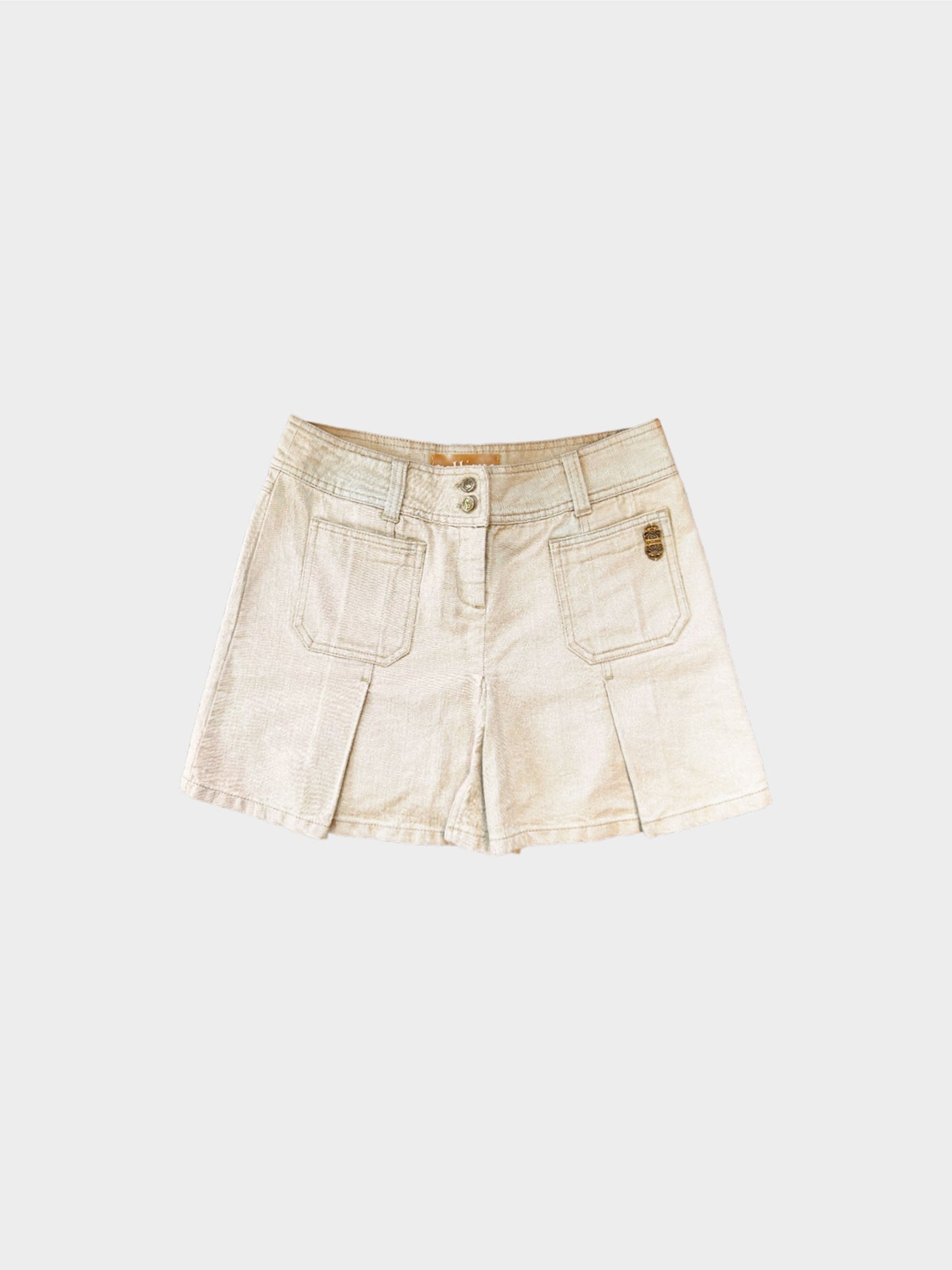John Galliano 2000s Beige Denim Pleated Mini Skirt