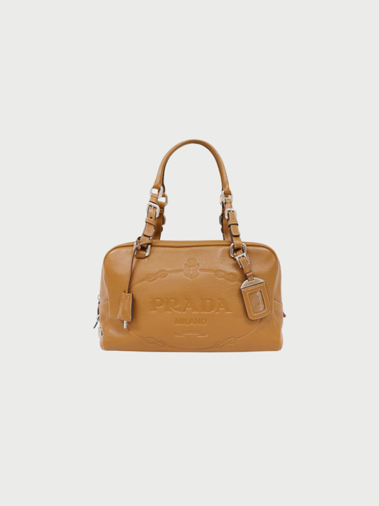 Prada 2000s Brown Leather Logo Embossed Handbag