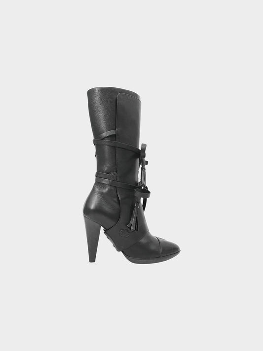 Chanel 2000s Rare Black Leather Bow Boots