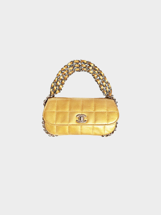 Chanel 2005 Metallic Gold Leather Chocolate Bar Quilted 3-chain Mini Flap Bag