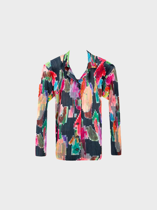 Issey Miyake Pleats Please 1990s Pixelated Multicolour Flower Print Shirt