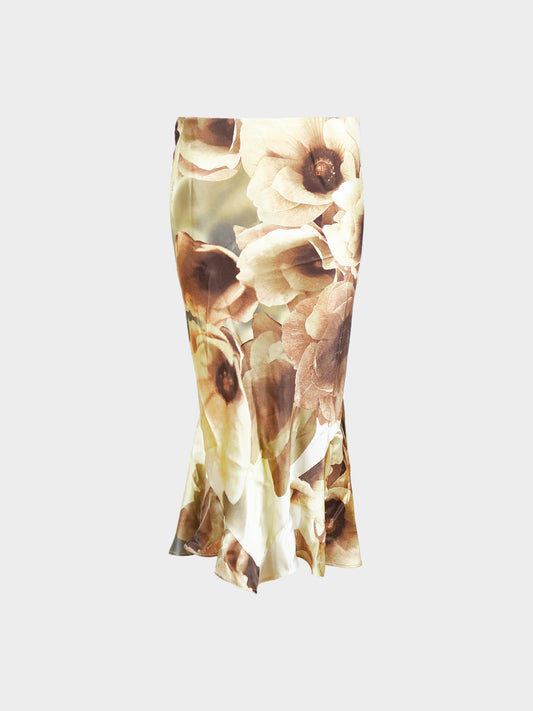 Roberto Cavalli 2000s Beige and Brown Floral Print Silk Skirt