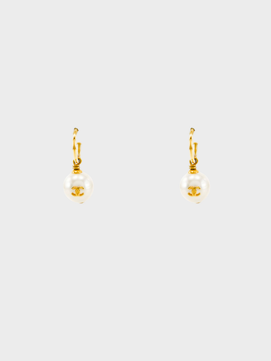 Chanel 1990s Coco Mark Pearl Hoop Earrings