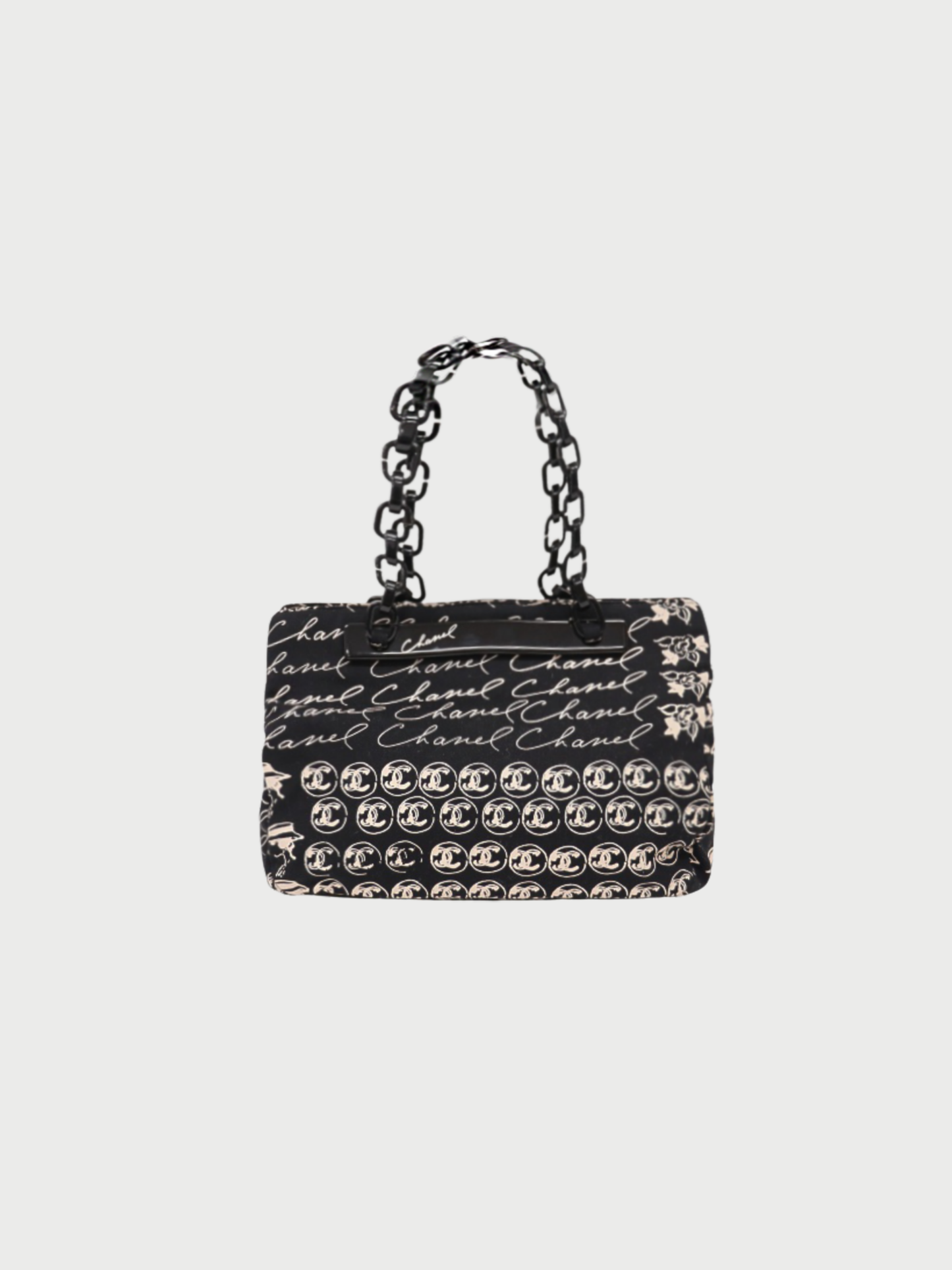 Chanel 2005 Black Beige Canvas Plastic Chain Handbag