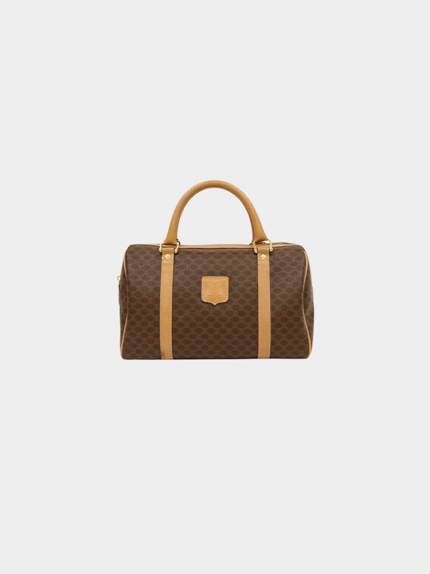 Celine 1990s Brown PVC and Leather Macadam Blazon Embossed Boston Bag