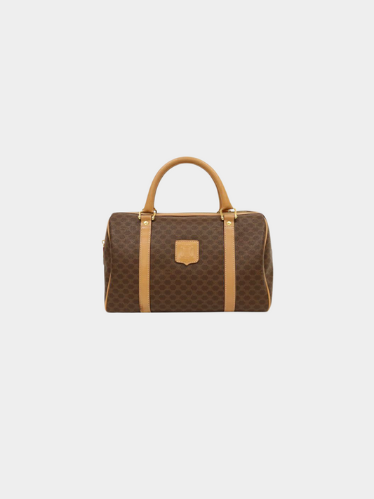 Celine 1990s Brown PVC and Leather Macadam Blazon Embossed Boston Bag