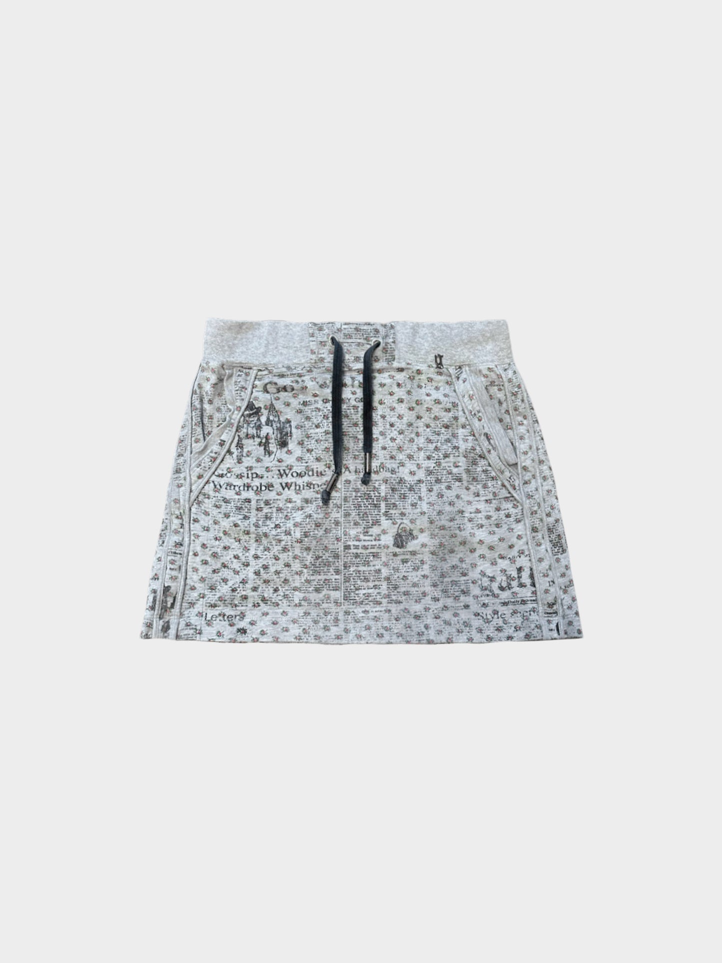 John Galliano 2000s Grey Floral and Newspaper Print Skirt