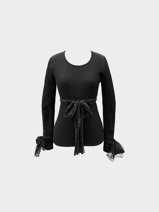Chanel FW 2004 Black Long Sleeve Knit Top with Chiffon Ties