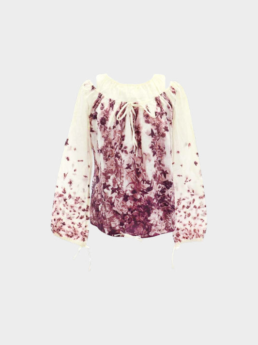 Jean Paul Gautier 2000s White and Purple Floral Print Off-shoulder Top