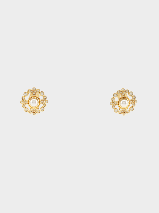 Christian Dior 1980s Gold Faux Pearl Rhinestone Earrings