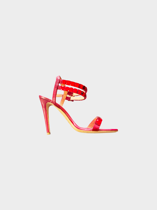 Sergio Rossi 2010s Red Leather Crystal-embellished Sandals