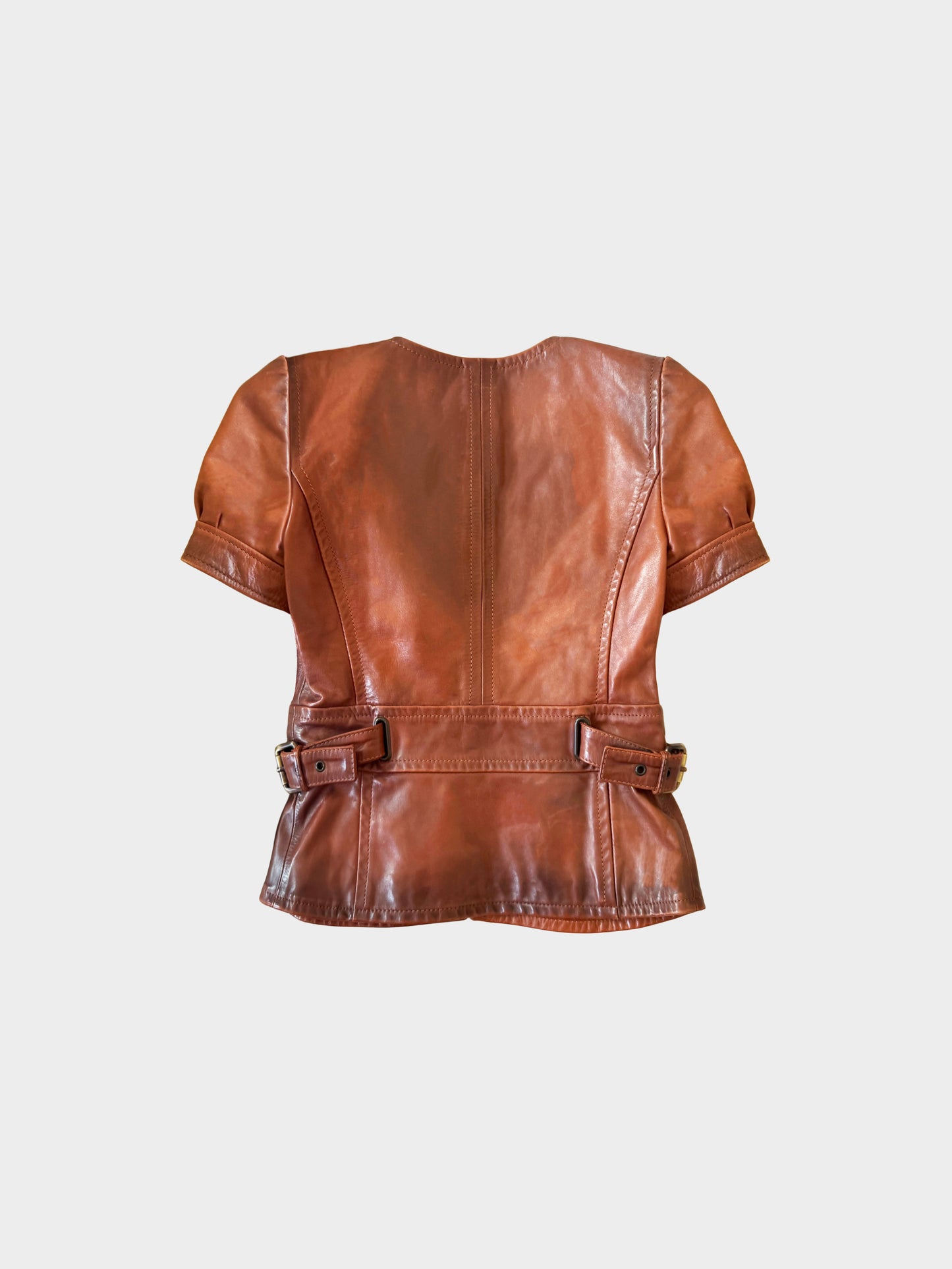 Valentino 2010s Brown Lambskin Leather Puff Sleeve Zip Jacket with Belt
