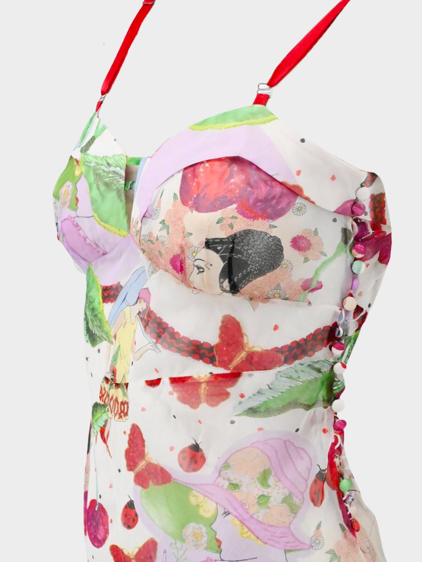 John Galliano SS 2005 Cherries and Butterfly Print Silk Chiffon Dress