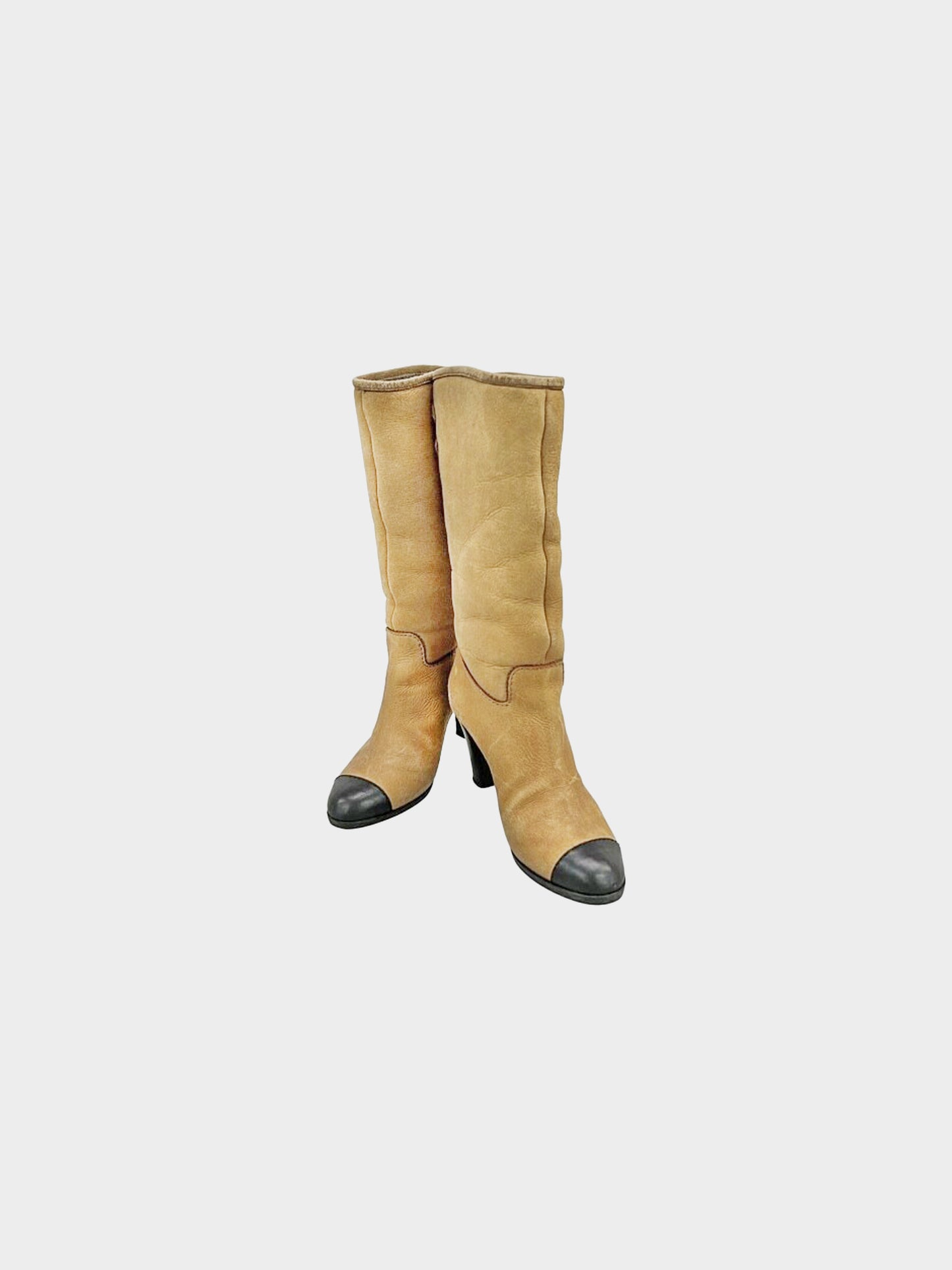 Chanel by Karl Lagerfeld 2005 Beige Suede and Shearling-lined CC Mid-calf Boots