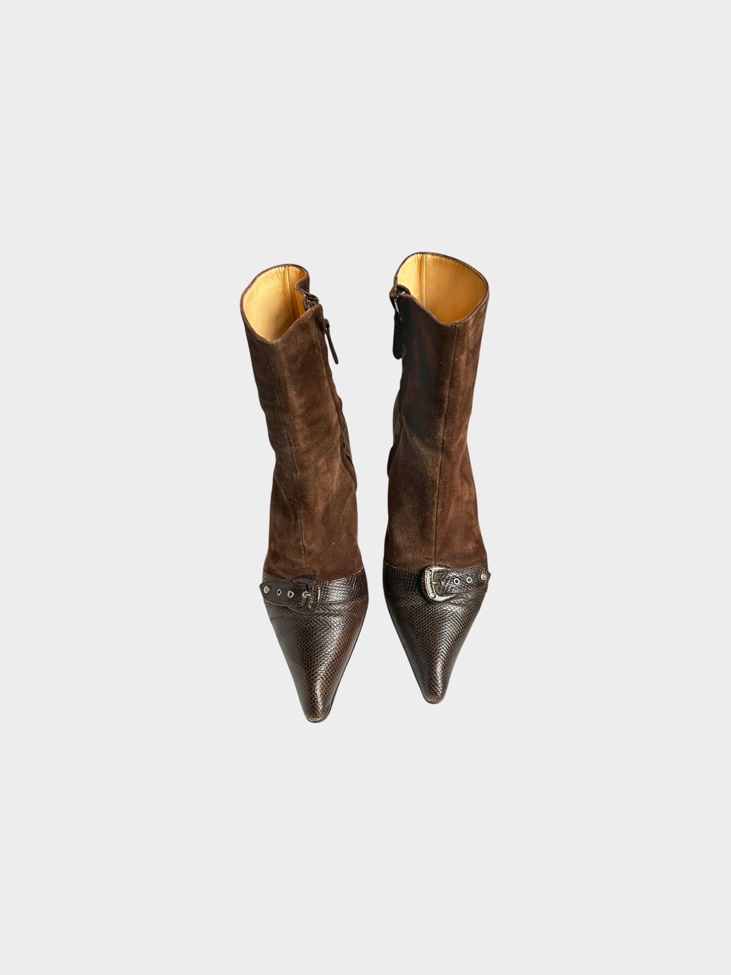 Chanel 2000s Brown Suede and Lizard Leather Buckled Ankle Boots