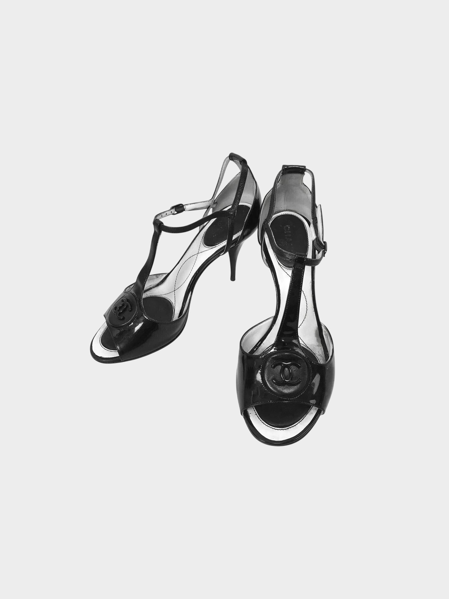 Chanel 2000s Black Patent Leather Peep Toe Heels