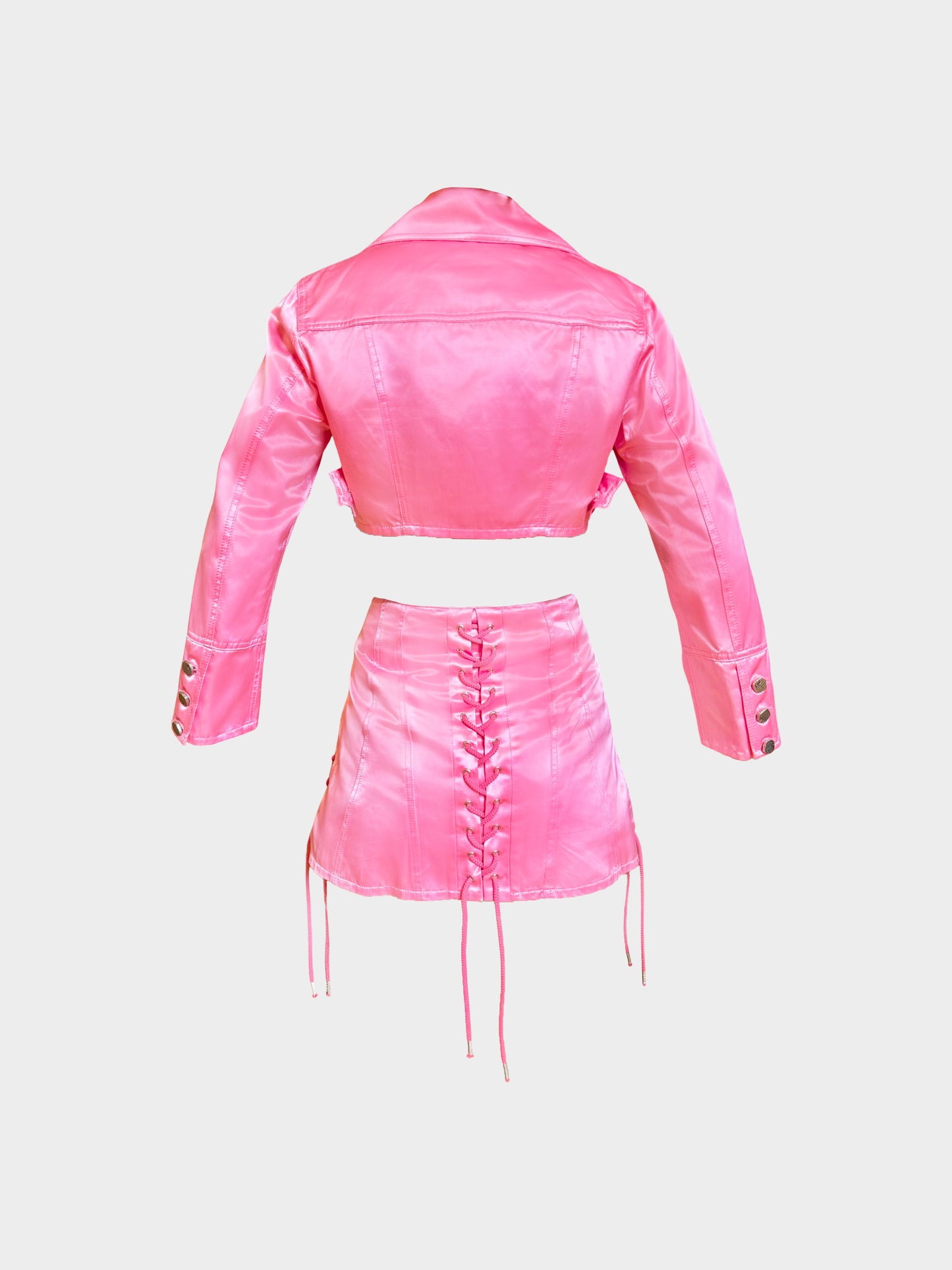 Christian Lacroix 1990s Pink Satin Cropped Jacket and Skirt Set