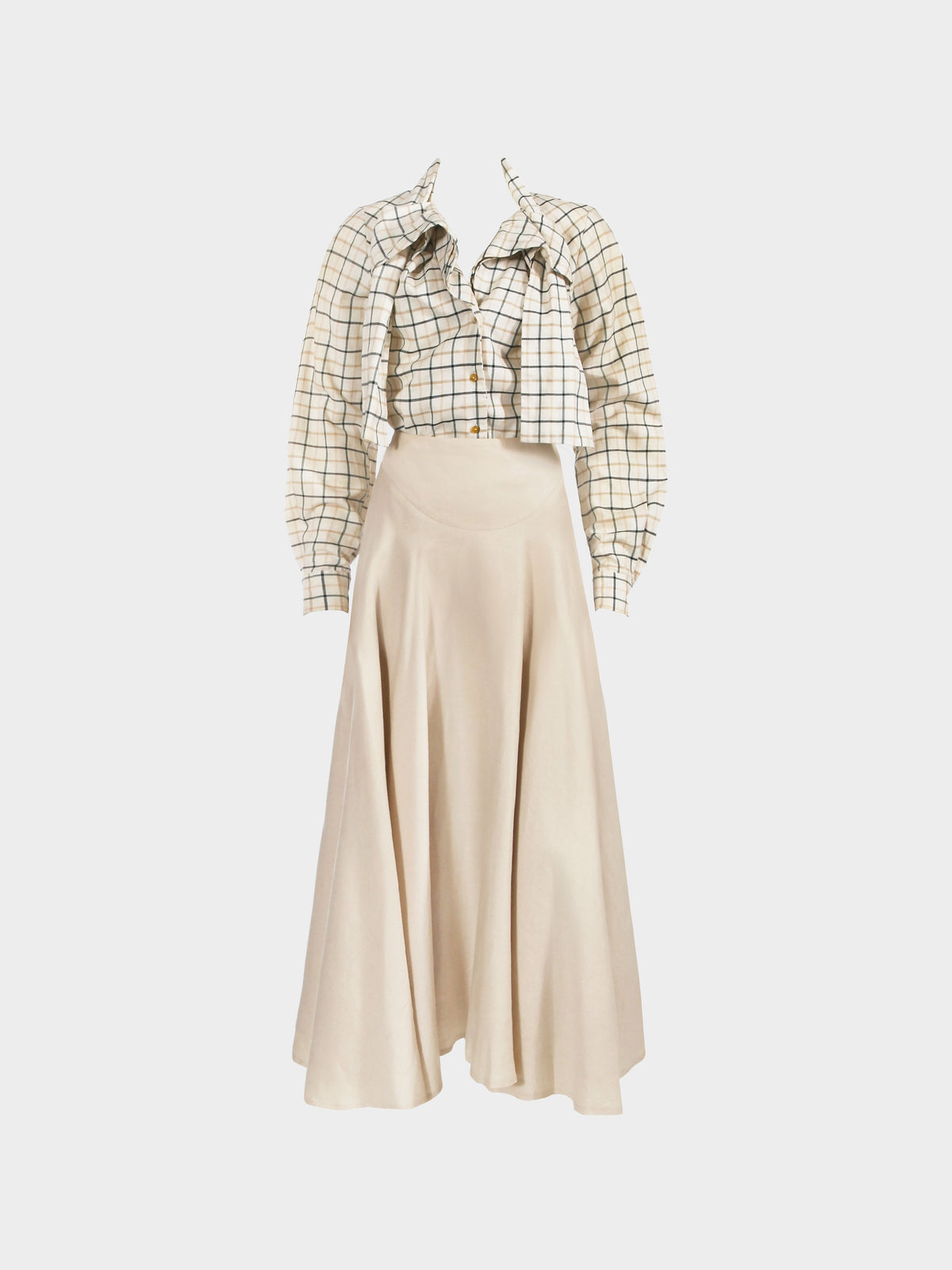 Vivienne Westwood 1993 Beige and Green Check Pattern Cotton Shirt and Ivory Long Skirt Set