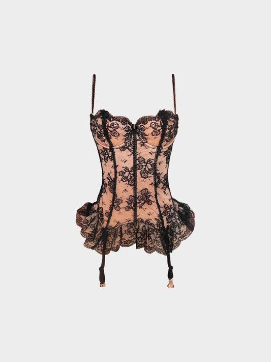 Chantal Thomass 2000s Black and Beige Floral Lace Bustier Corset Top